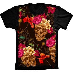 Camiseta Skull Caveira Rosas Vermelhas